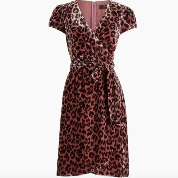 J, Crew Drapey Velvet Rose Leopard Print Pink Black Belted Wrap Dress sz 2 - Picture 6 of 14
